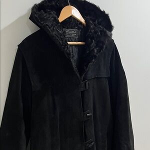 VINTAGE Women’s Suede Leather Coat S-M Black Jacket Hood Trench Faux Fur Lining